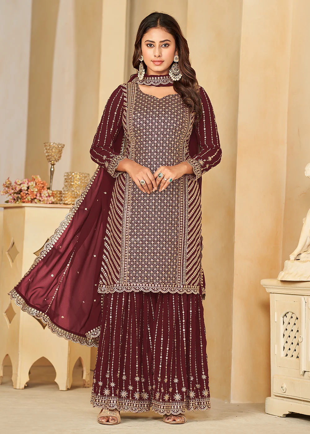 Mesmeric Maroon Faux Georgette Palazzo Suit with Embroidery - Image 3