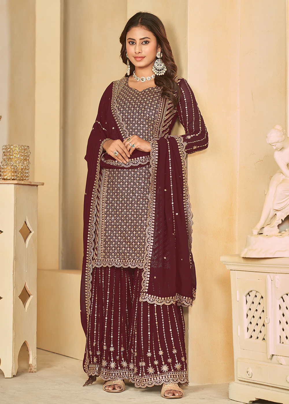 Mesmeric Maroon Faux Georgette Palazzo Suit with Embroidery - Image 4