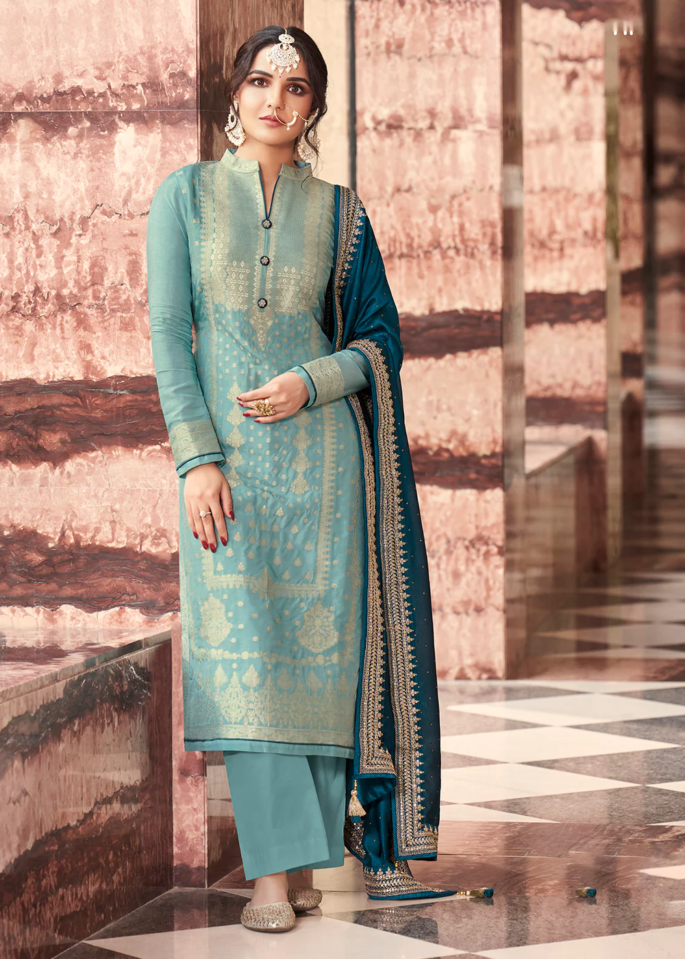 Mesmerizing Blue Dola Silk Jacquard Festival Salwar Kameez