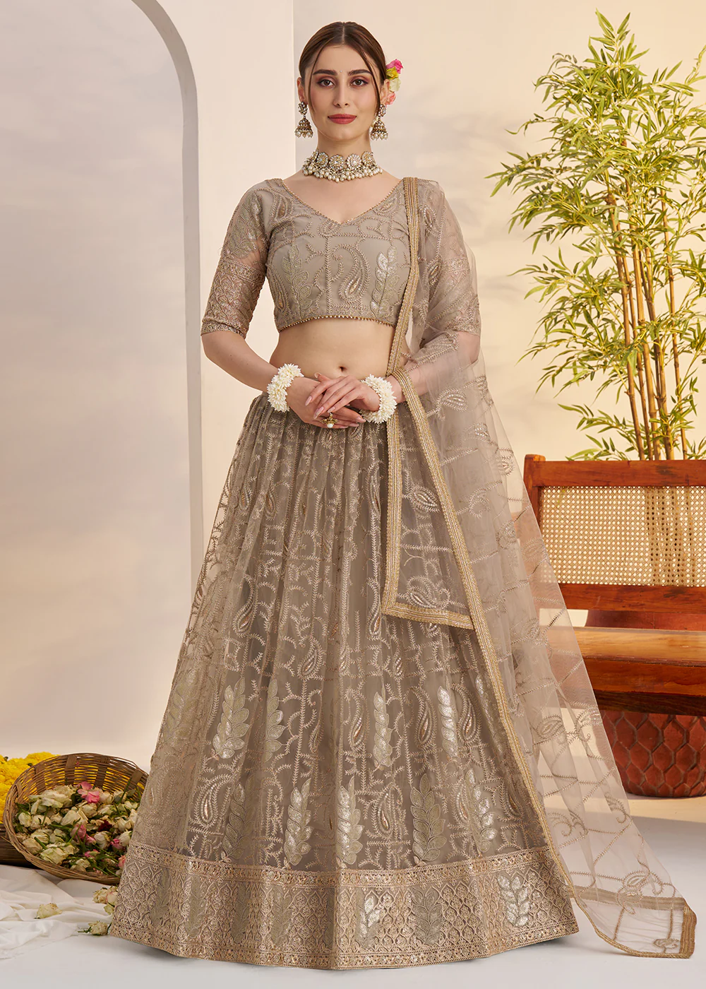 Metal Grey Net Wedding Party Wear Lehenga Choli
