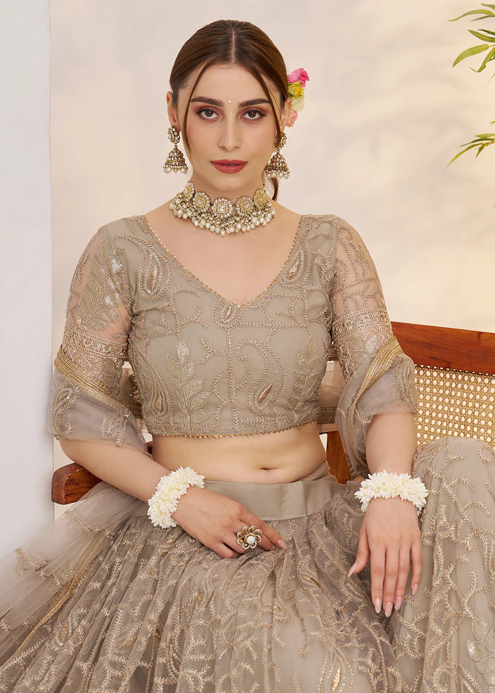Metal Grey Net Wedding Party Wear Lehenga Choli - Image 2