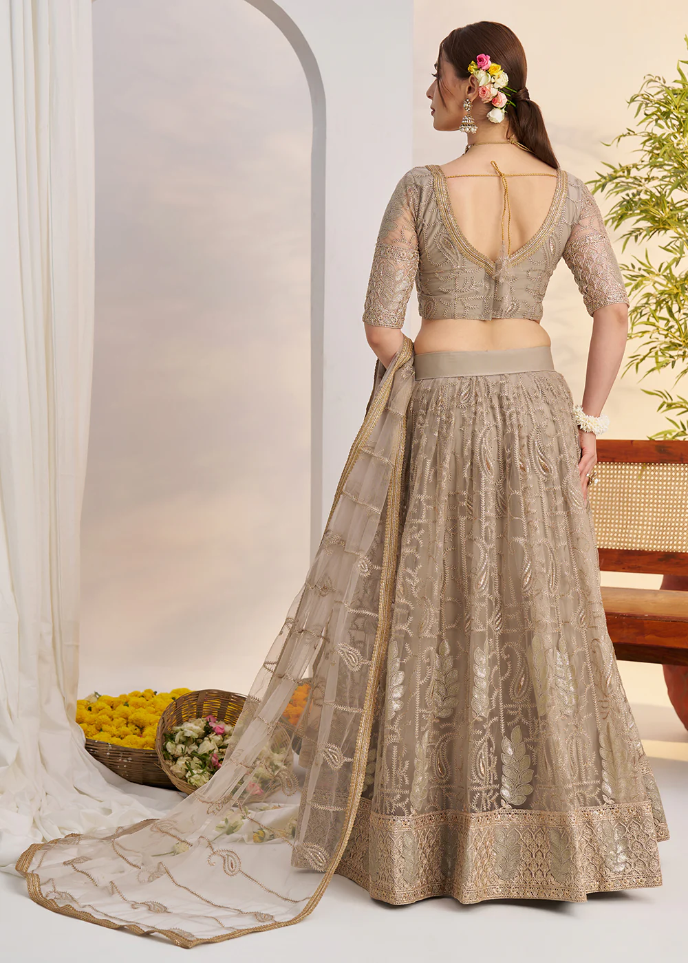 Metal Grey Net Wedding Party Wear Lehenga Choli - Image 3