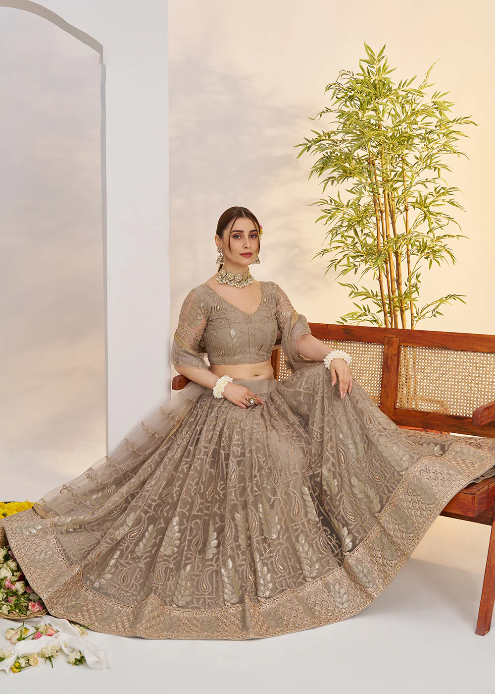 Metal Grey Net Wedding Party Wear Lehenga Choli - Image 4