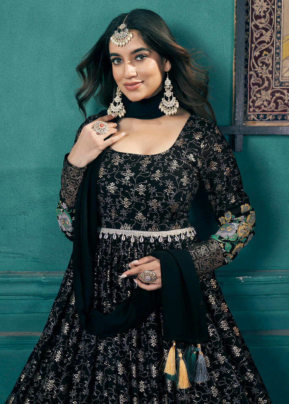 Metalic Foil Work Embroidered Wedding Festive Black Anarkali Gown - Image 2