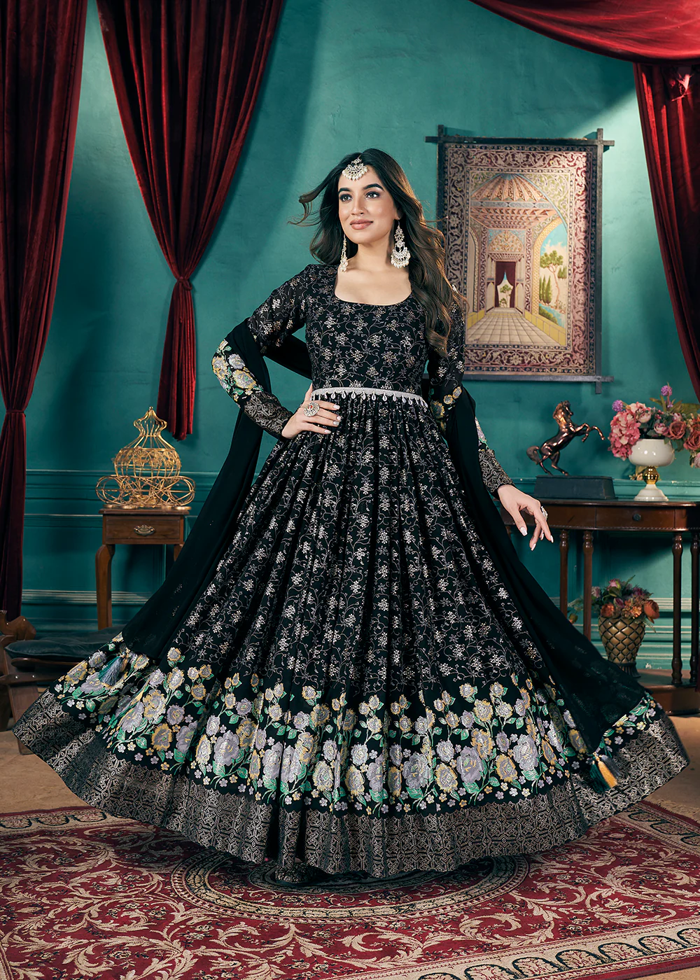Metalic Foil Work Embroidered Wedding Festive Black Anarkali Gown - Image 4
