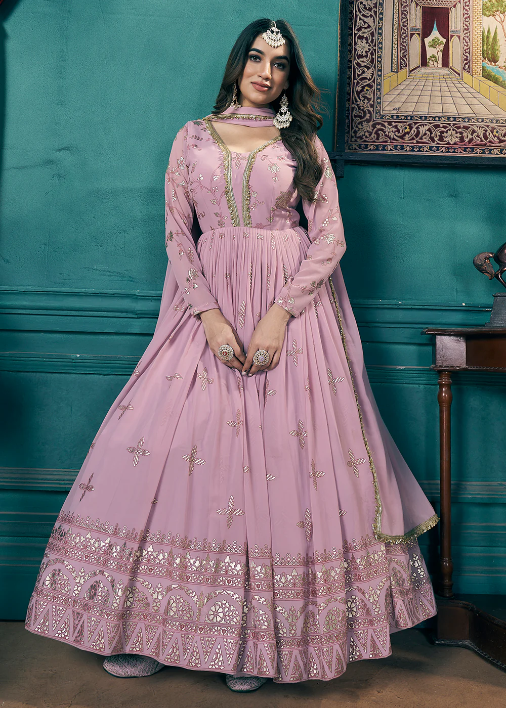 Metalic Foil Work Embroidered Wedding Festive Pink Anarkali Gown - Image 5