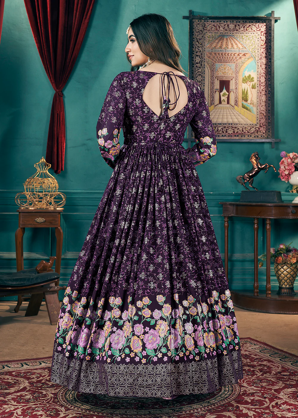Metalic Foil Work Embroidered Wedding Festive Purple Anarkali Gown - Image 3