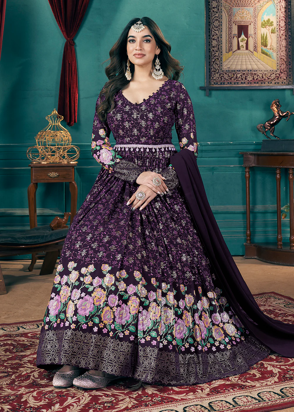 Metalic Foil Work Embroidered Wedding Festive Purple Anarkali Gown - Image 4