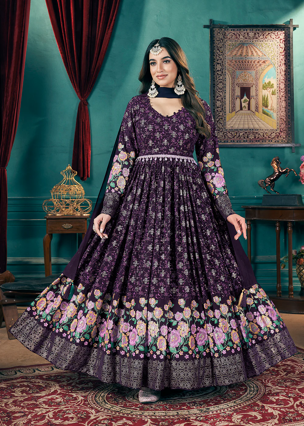Metalic Foil Work Embroidered Wedding Festive Purple Anarkali Gown - Image 5