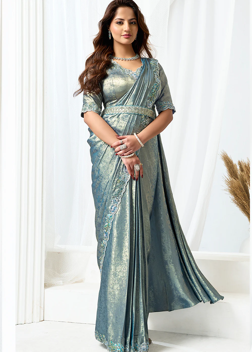 Metallic Grey Fancy Material Designer Party Wear Saree - Image 4