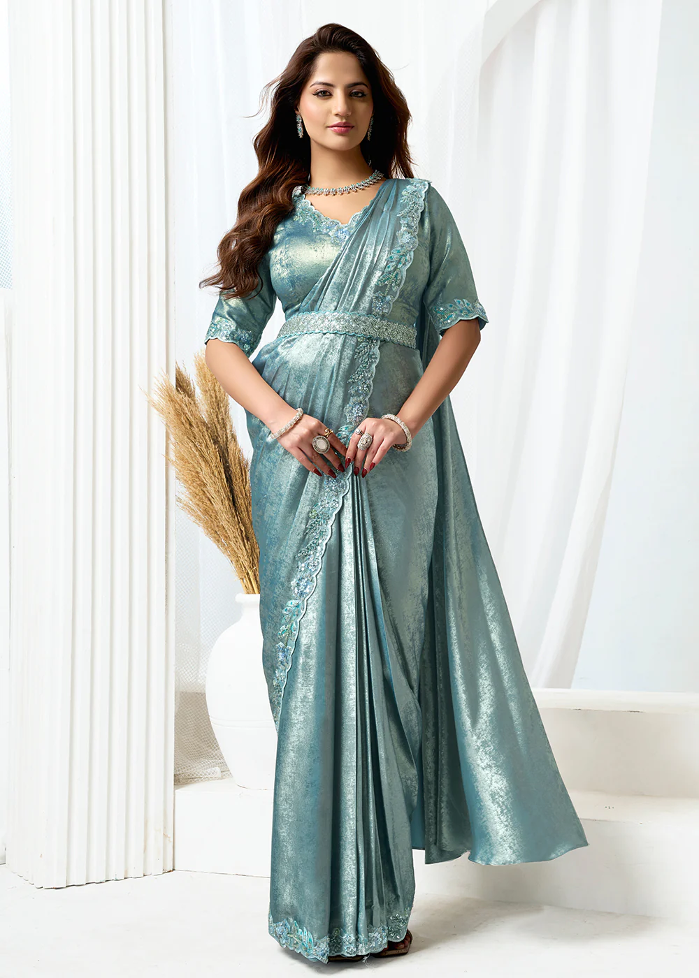 Metallic Grey Fancy Material Designer Party Wear Saree - Image 5