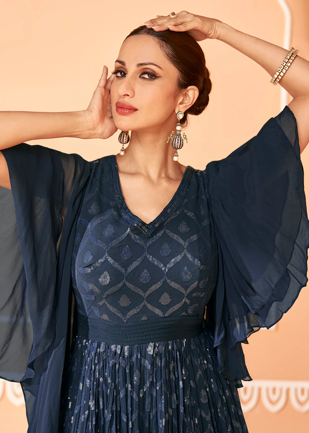 Midnight Blue Georgette Embroidered Party Wear Designer Gown - Image 2