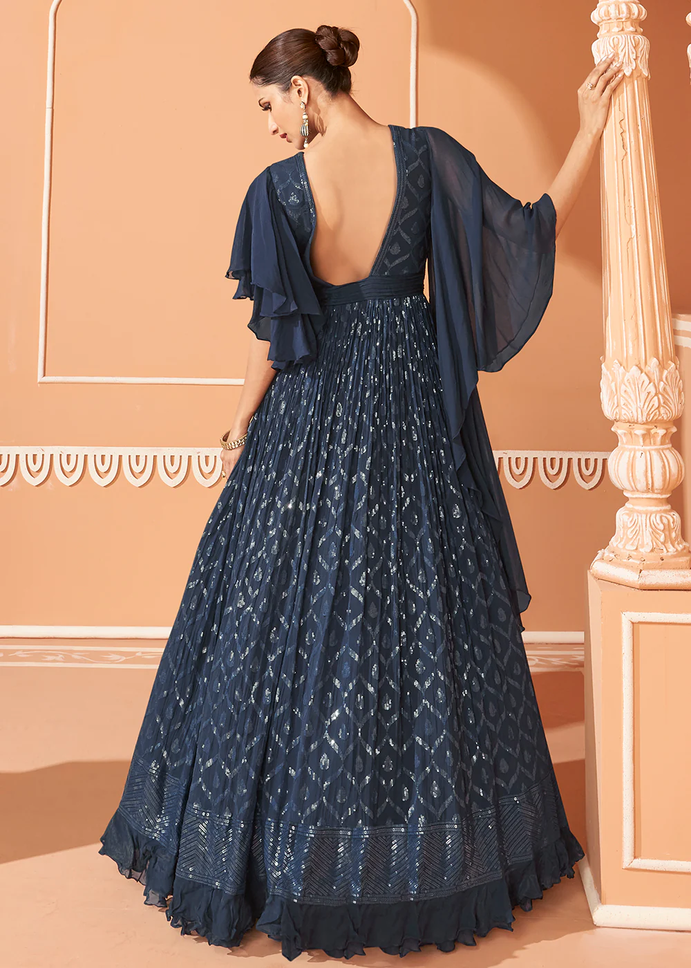 Midnight Blue Georgette Embroidered Party Wear Designer Gown - Image 3