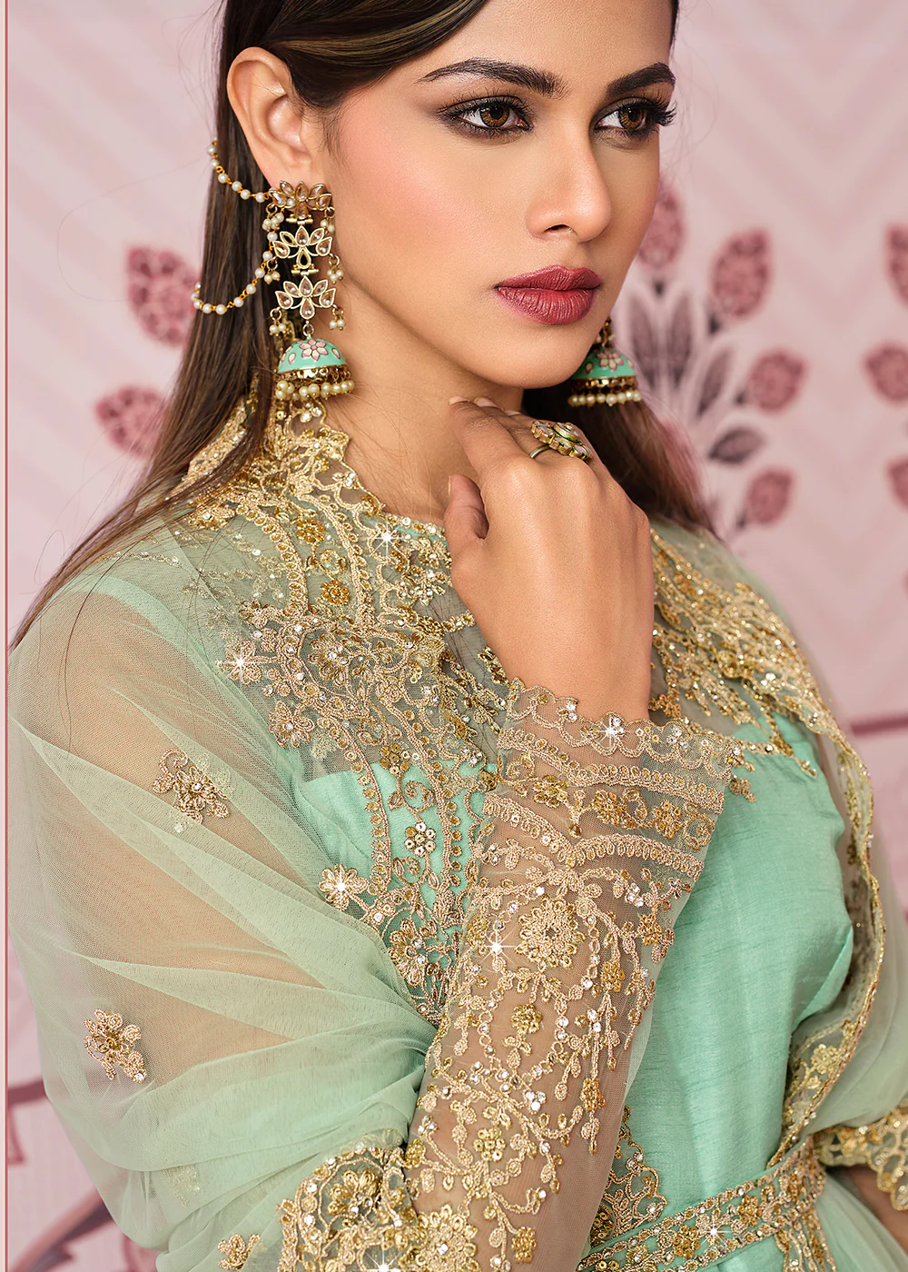 Mint Blue Art Silk Fabric Indian Embroidered Anarkali Suit - Image 2