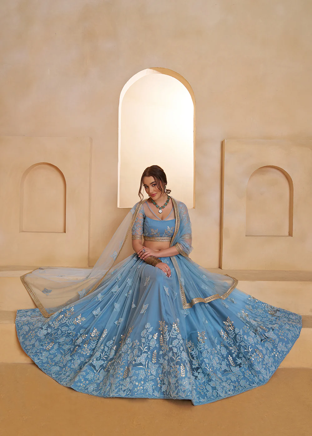 Mint Blue Beats Embroidery Designer Lehenga Choli - Image 7