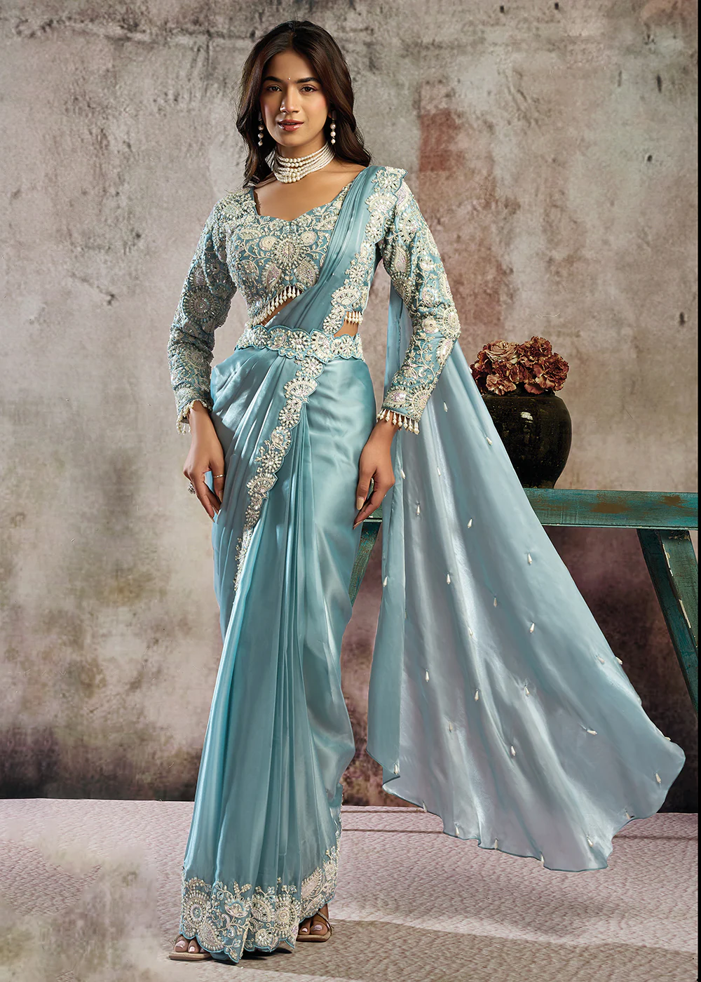 Mint Blue Designer Party Wear Pre Draped Saree