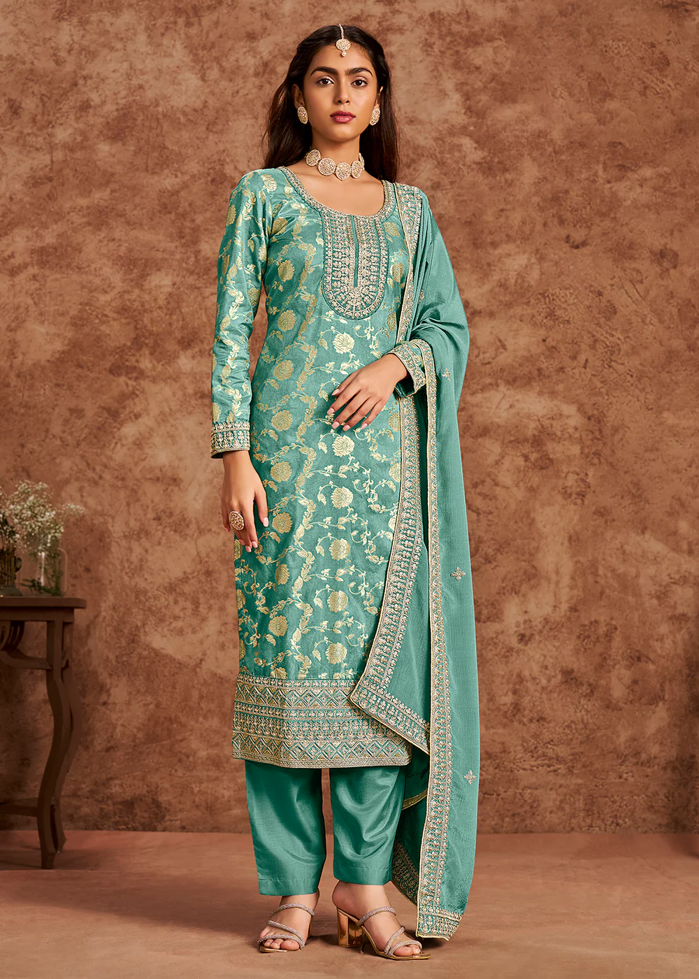 Mint Blue Dola Silk Jacquard Festive Salwar Kameez