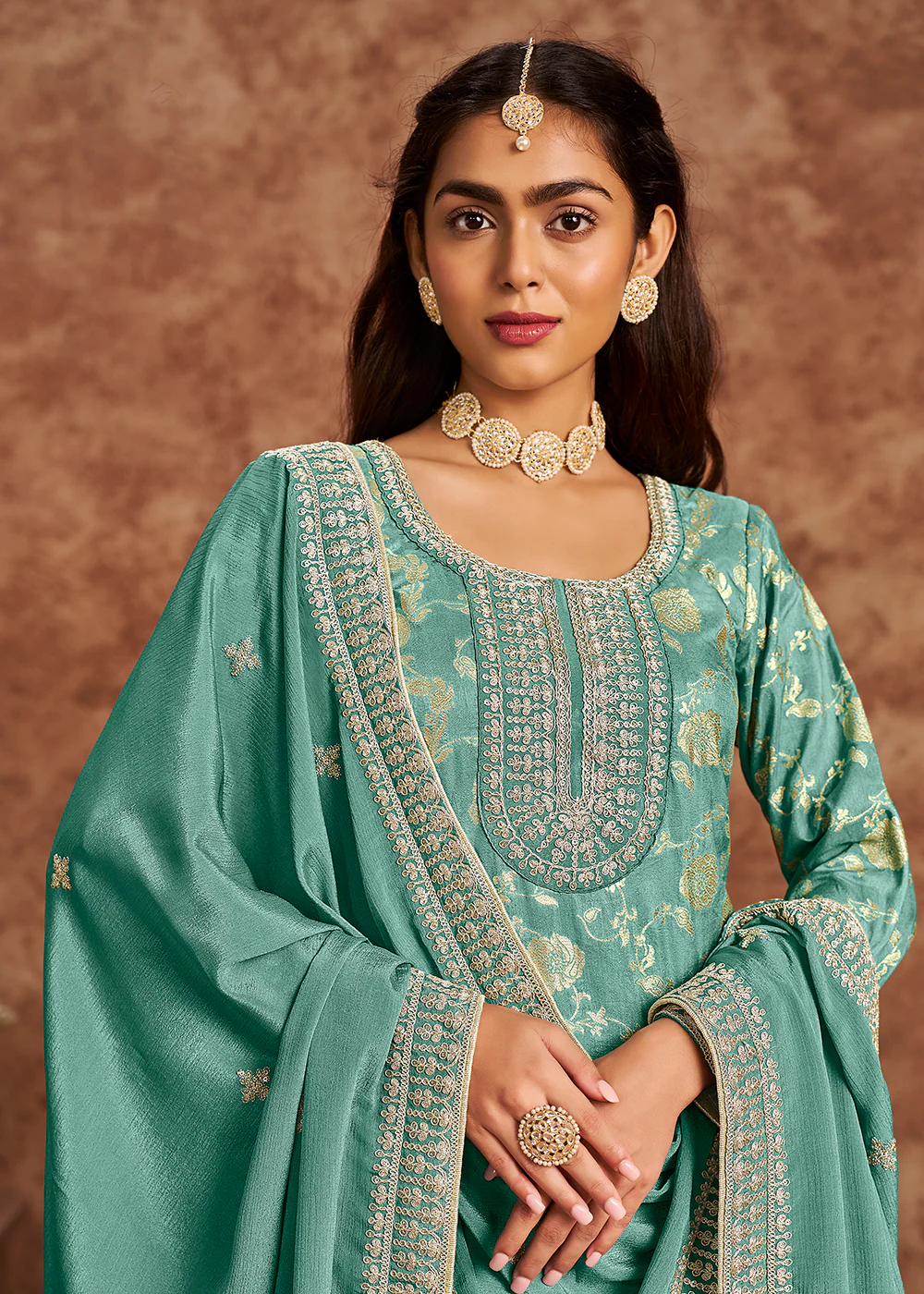 Mint Blue Dola Silk Jacquard Festive Salwar Kameez - Image 2