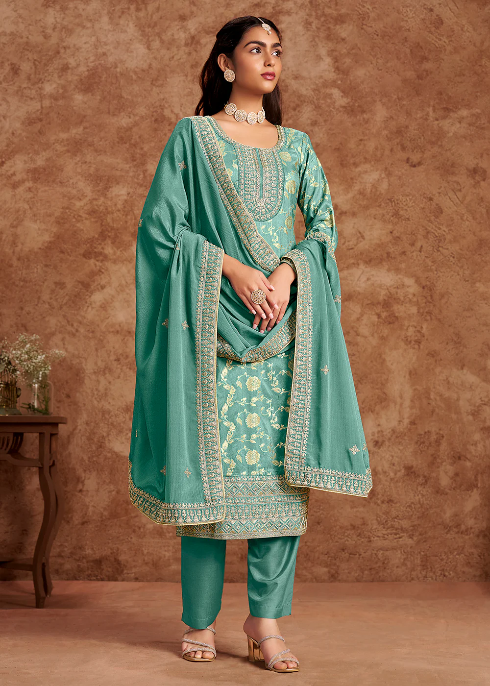 Mint Blue Dola Silk Jacquard Festive Salwar Kameez - Image 3