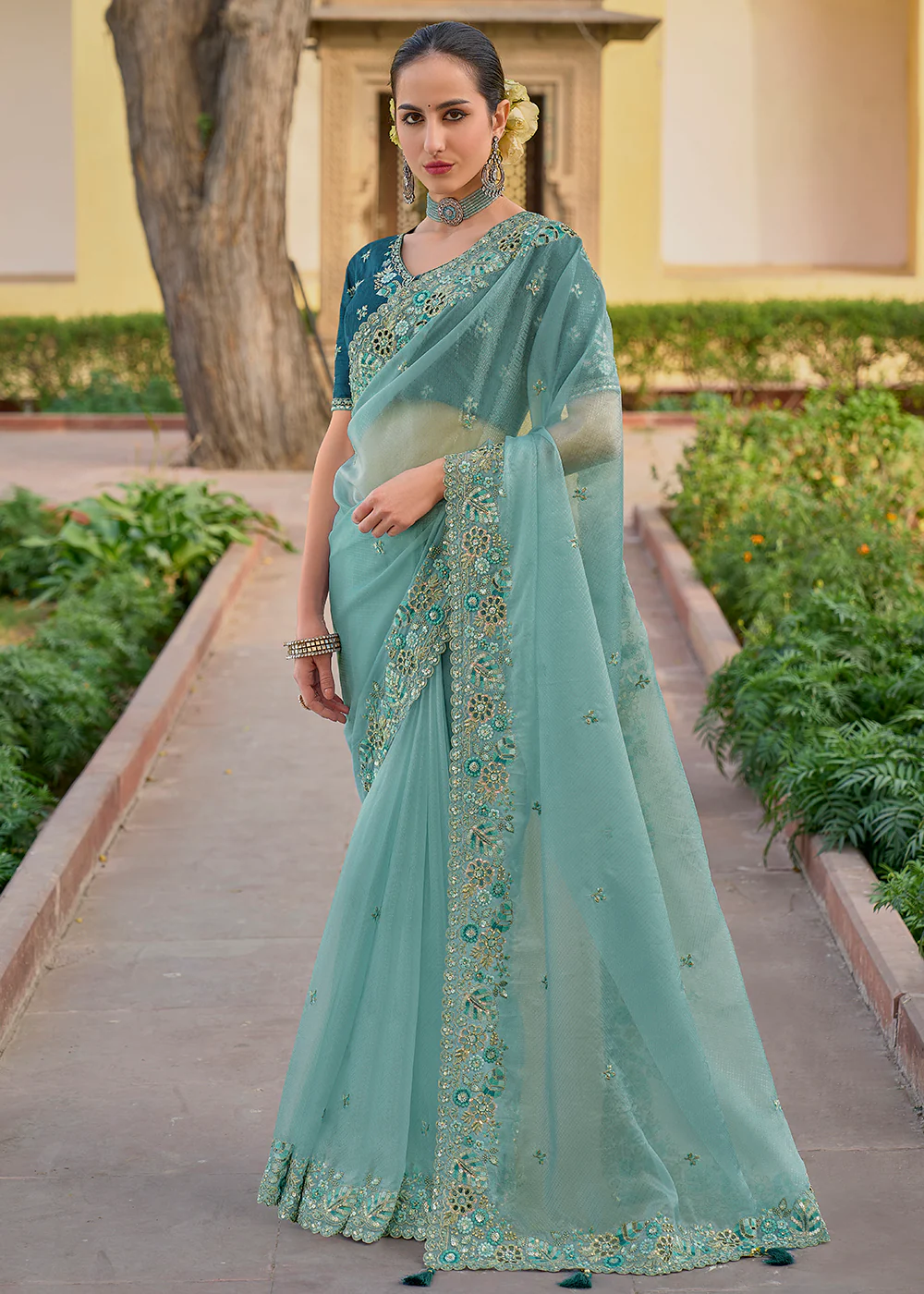 Mint Blue Fancy Tissue Organza Silk Designer Saree