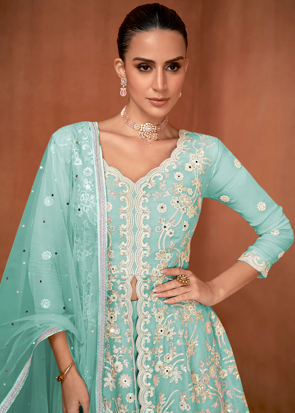 Mint Blue Georgette Embroidery Eid Wear Gharara Suit - Image 2
