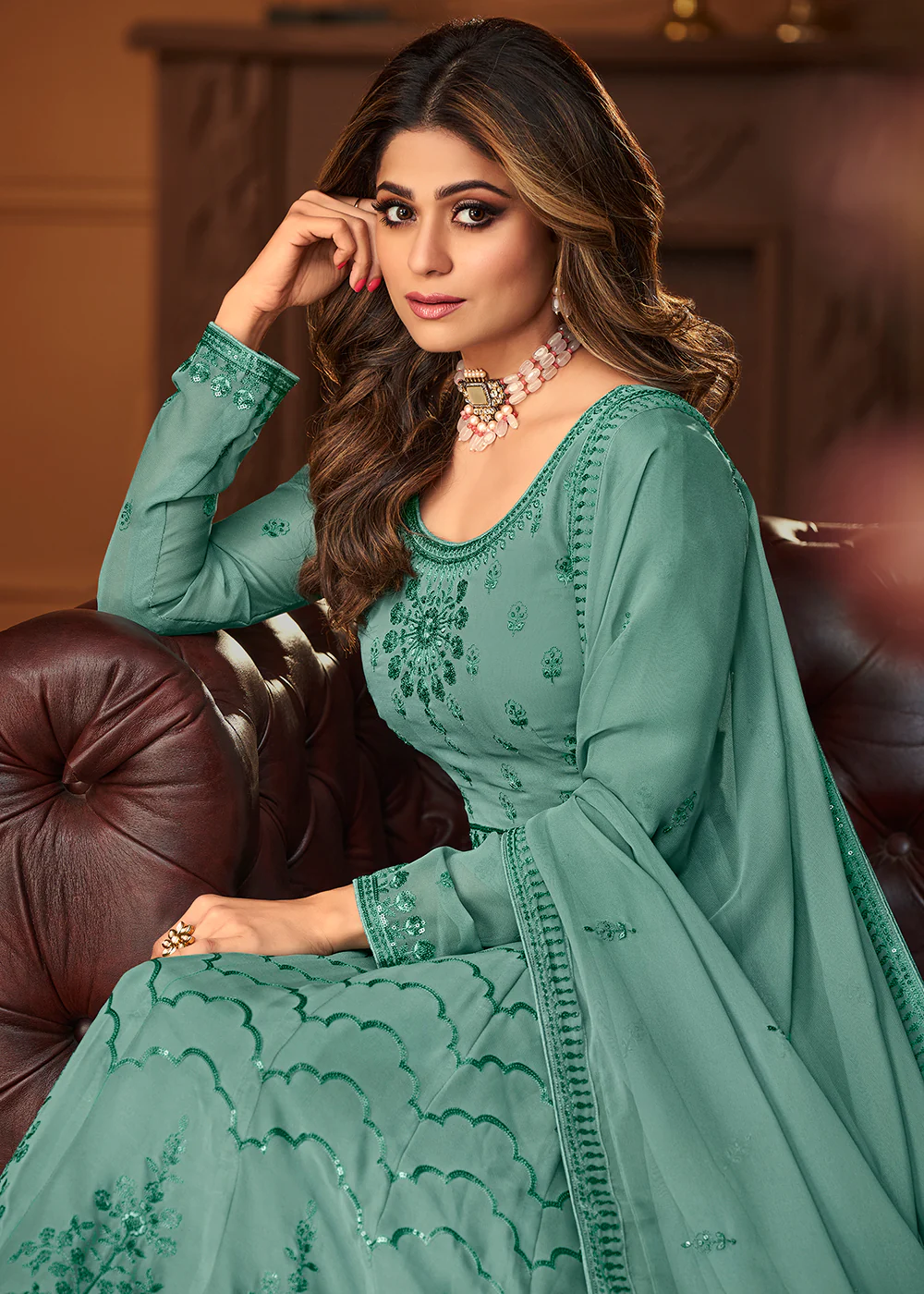 Mint Blue Indian Embroidered Shamita Shetty Anarkali Suit - Image 2