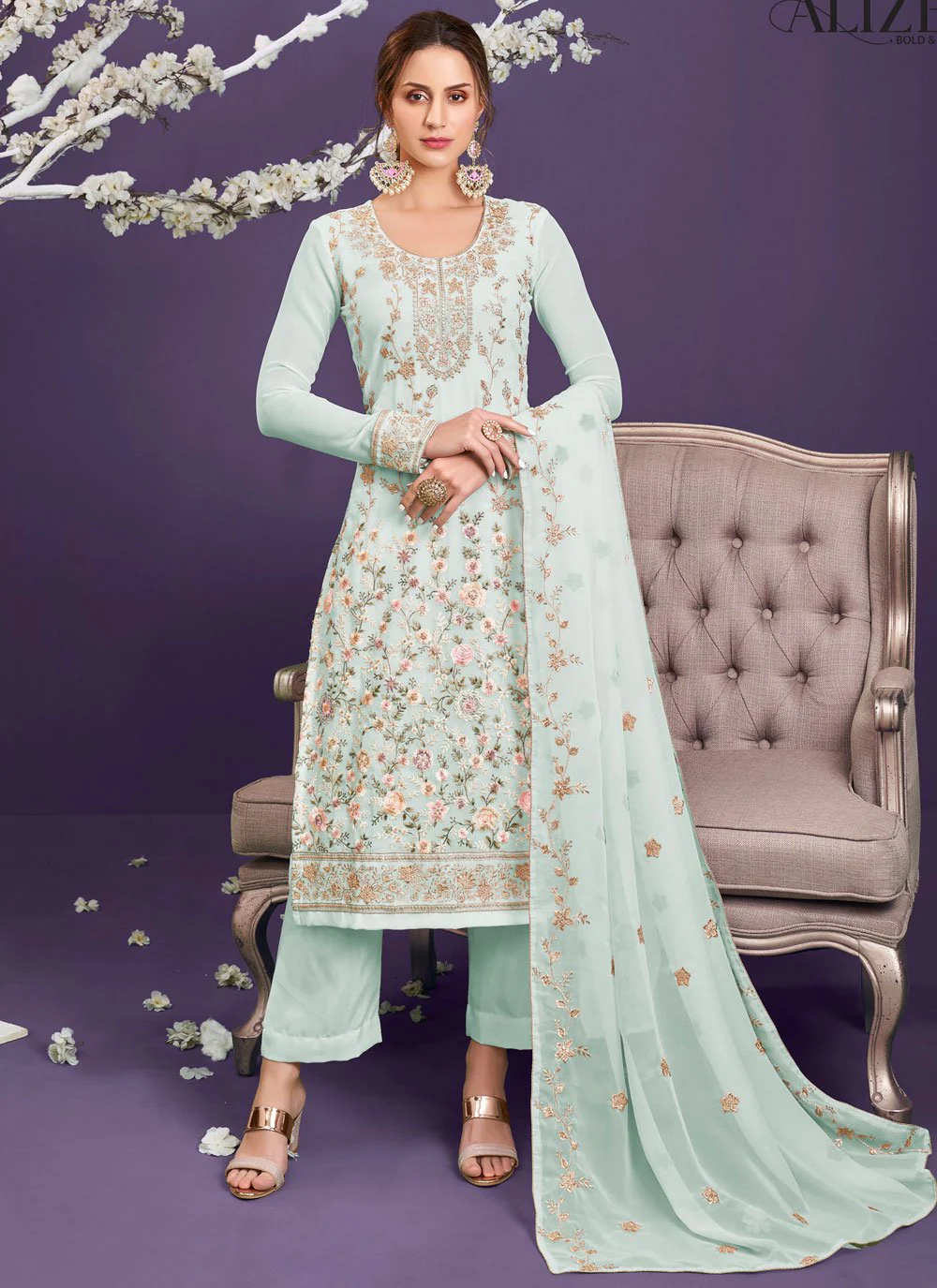 Mint Blue Pakistani Style Georgette Embroidered Salwar Suit