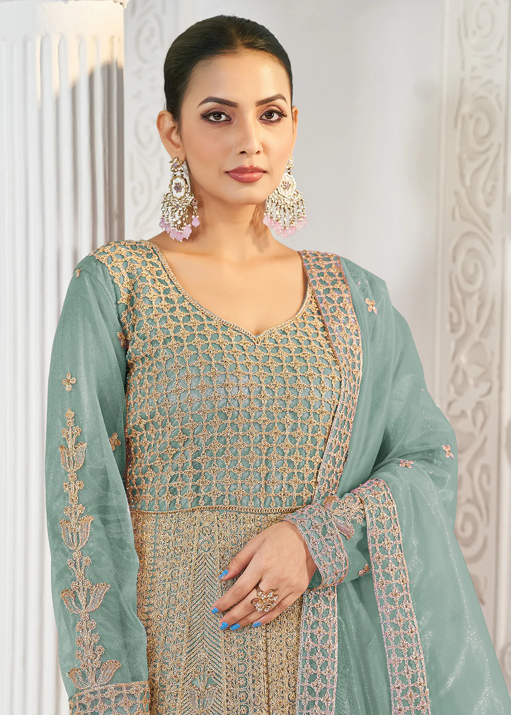 Mint Blue Stone Work Eid Special Anarkali Suit - Image 2