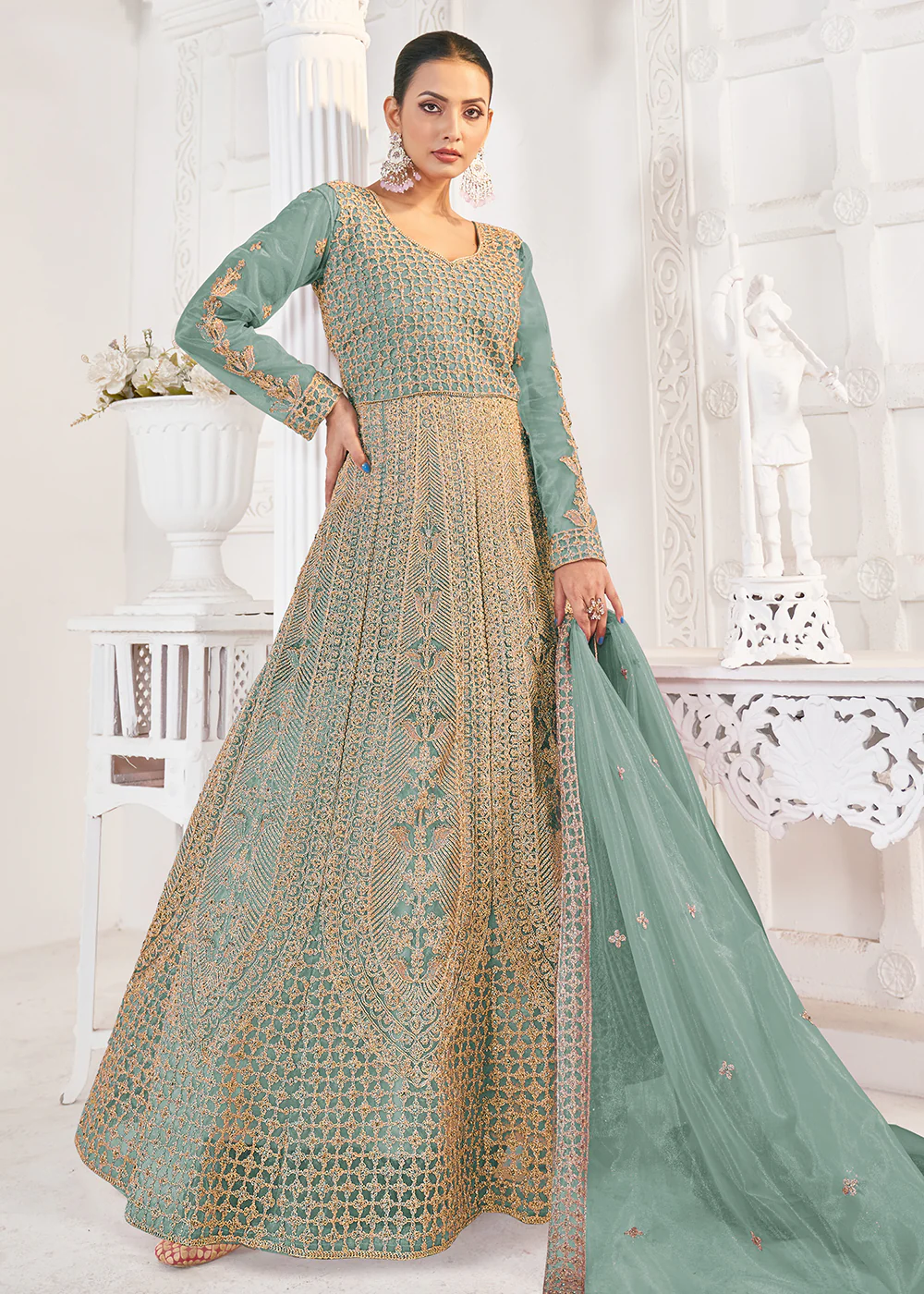 Mint Blue Stone Work Eid Special Anarkali Suit - Image 3