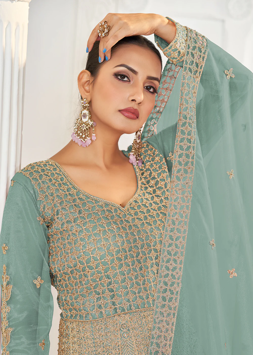 Mint Blue Stone Work Eid Special Anarkali Suit - Image 4