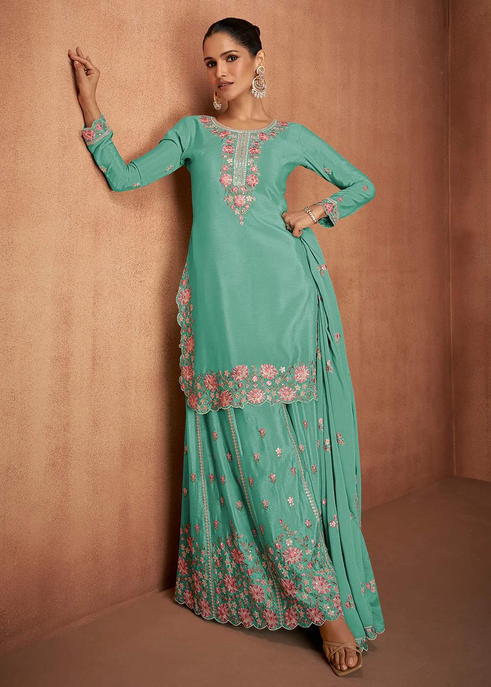 Mint Green Chinnon Silk Festive Style Palazzo Suit