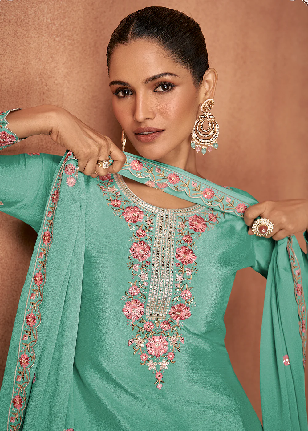 Mint Green Chinnon Silk Festive Style Palazzo Suit - Image 2