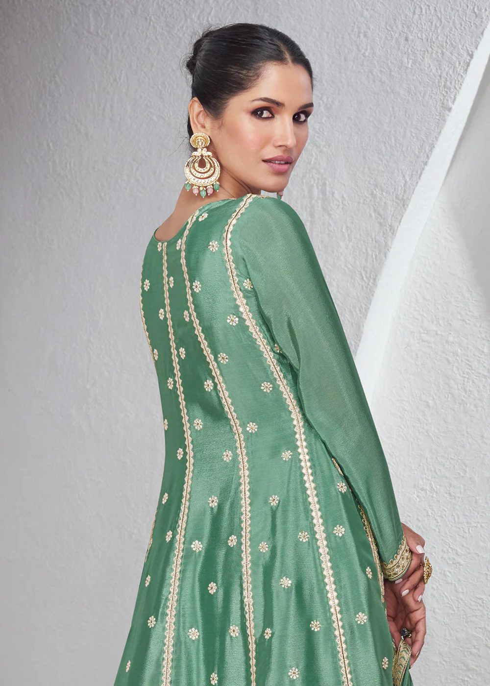 Mint Green Chinnon Silk Wedding Festive Palazzo Dress - Image 3