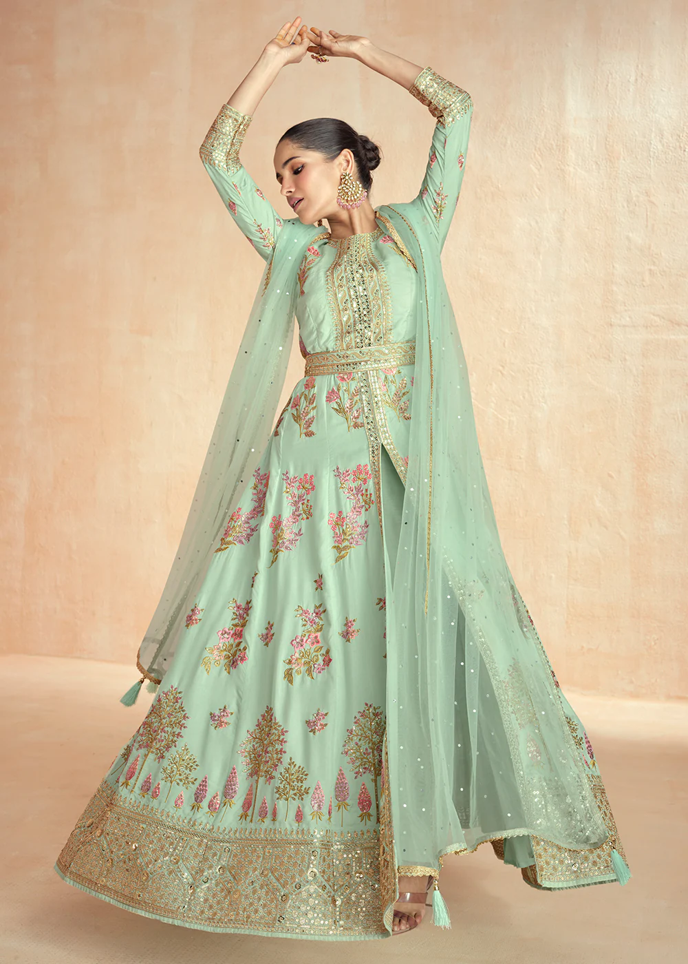 Mint Green Embroidered Slit Style Festive Anarkali Suit - Image 3