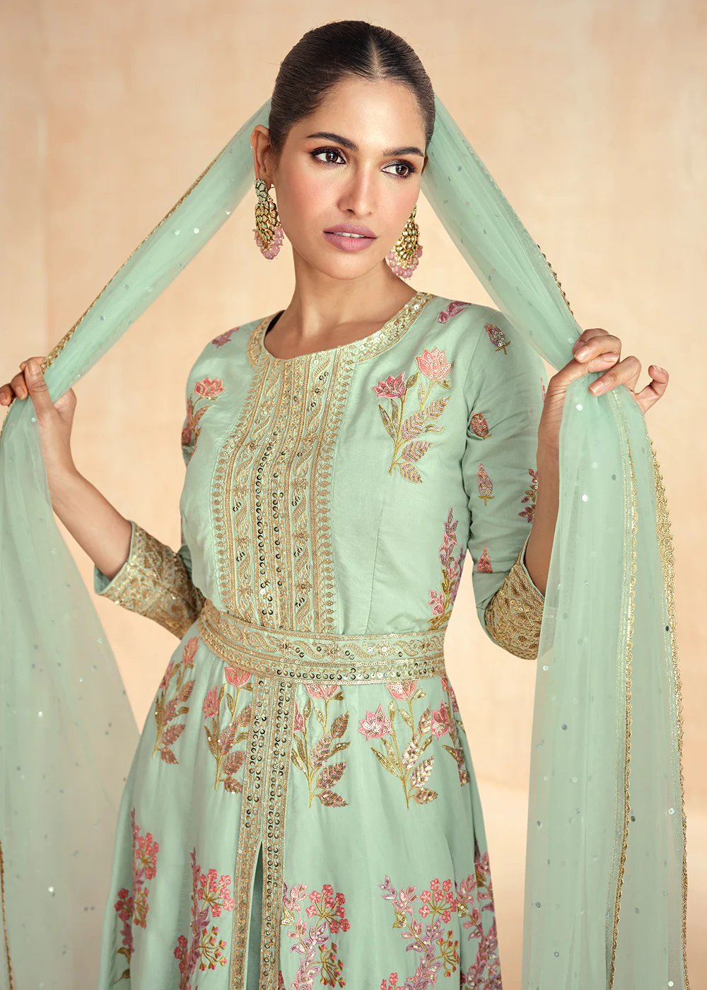 Mint Green Embroidered Slit Style Festive Anarkali Suit - Image 4
