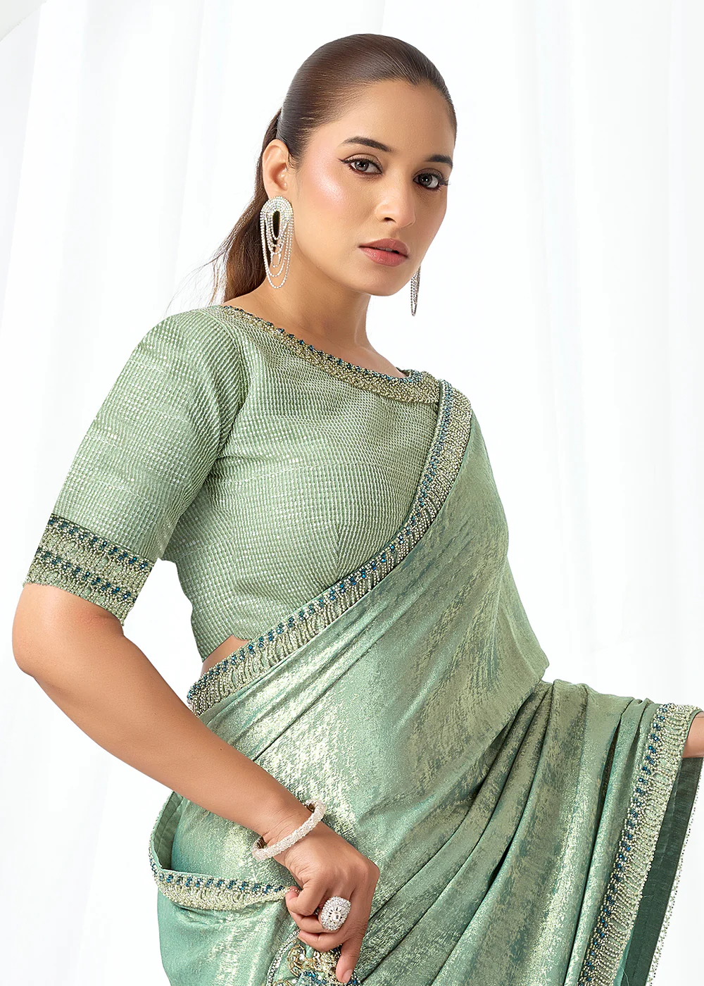 Mint Green Embroidered Wedding Party Wear Saree - Image 3