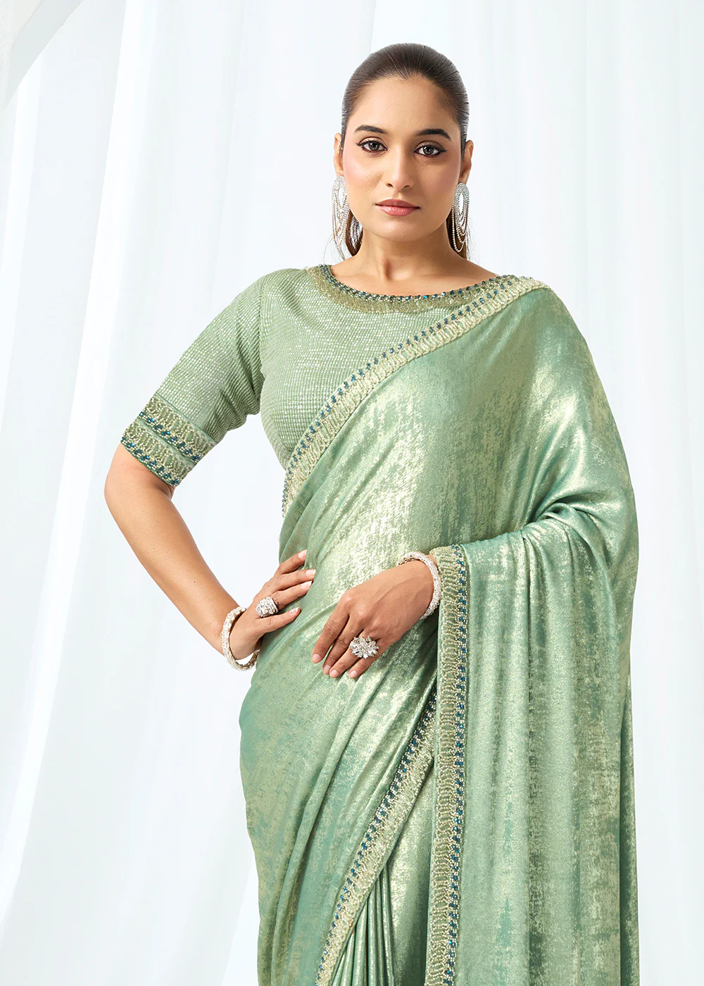 Mint Green Embroidered Wedding Party Wear Saree - Image 4