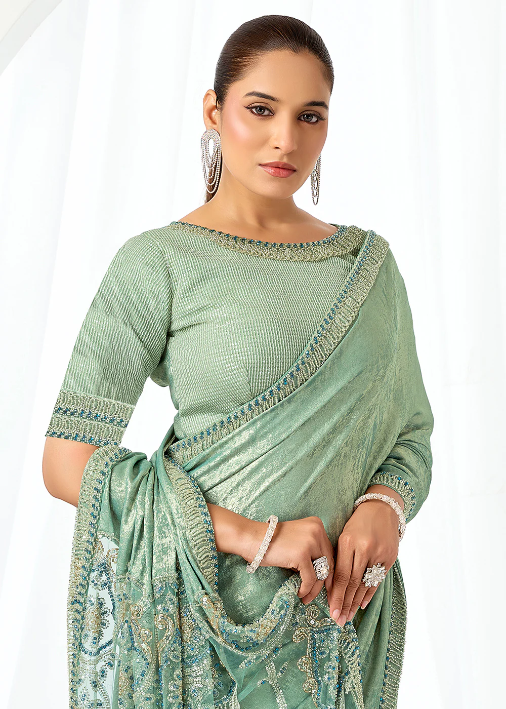 Mint Green Embroidered Wedding Party Wear Saree - Image 5