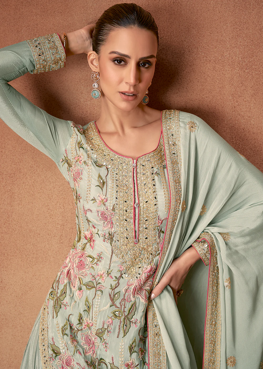 Mint Green Floral Embroidered Designer Palazzo Suit - Image 2