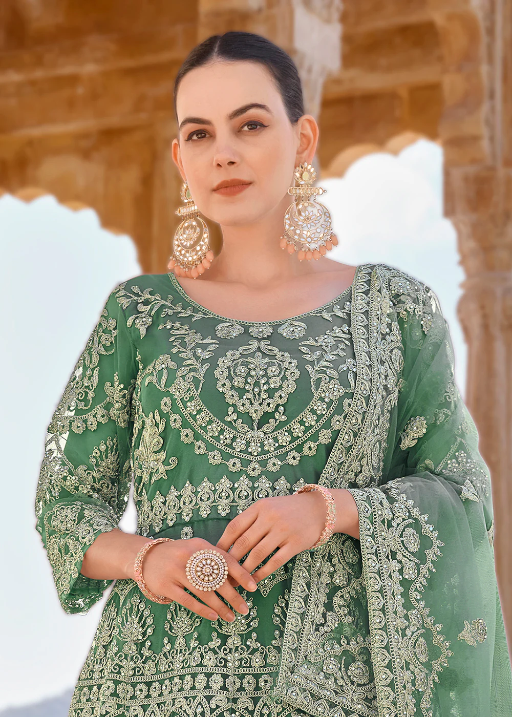 Mint Green Front & Back Stone Embroidered Wedding Anarkali Suit - Image 2