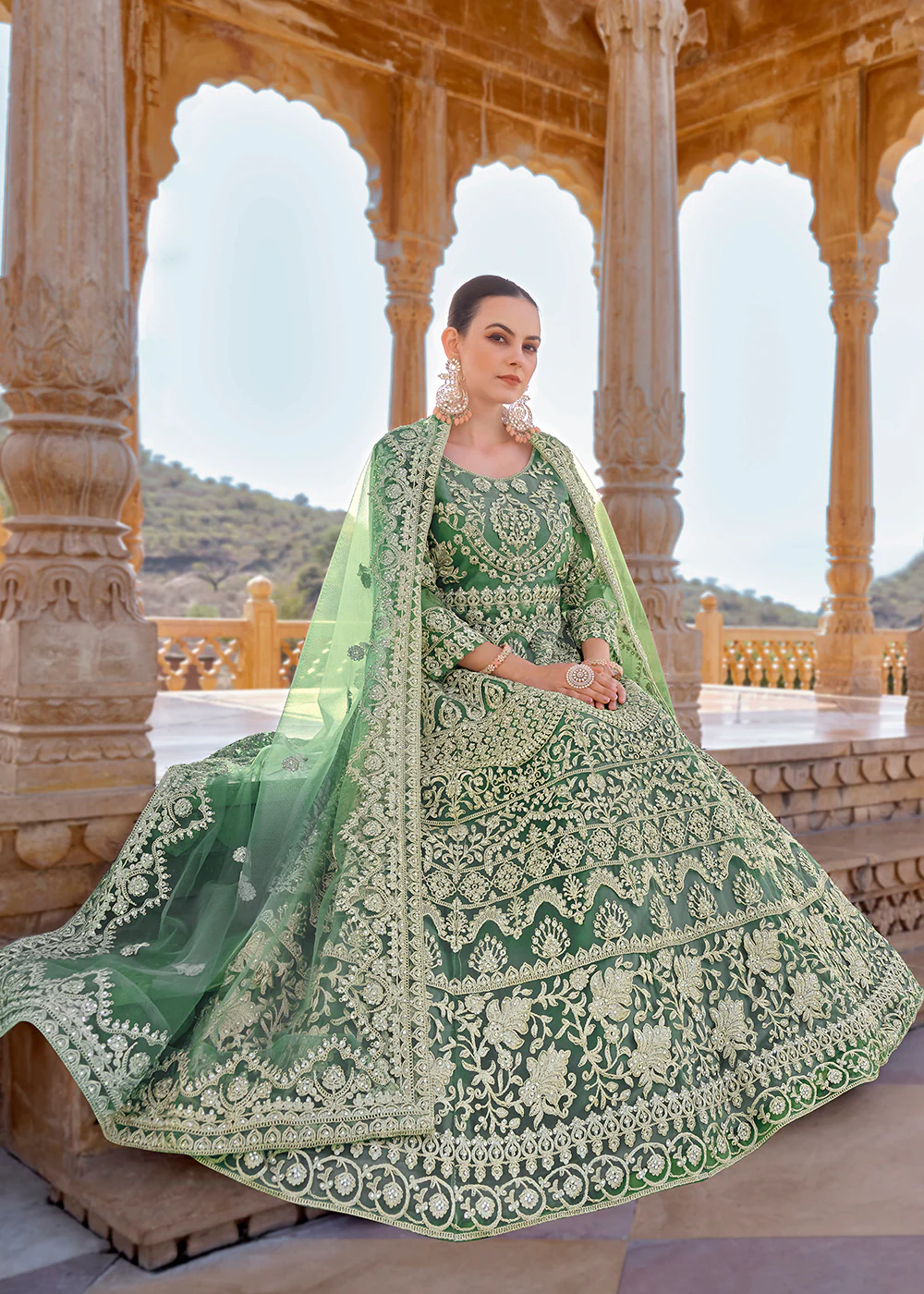 Mint Green Front & Back Stone Embroidered Wedding Anarkali Suit - Image 3
