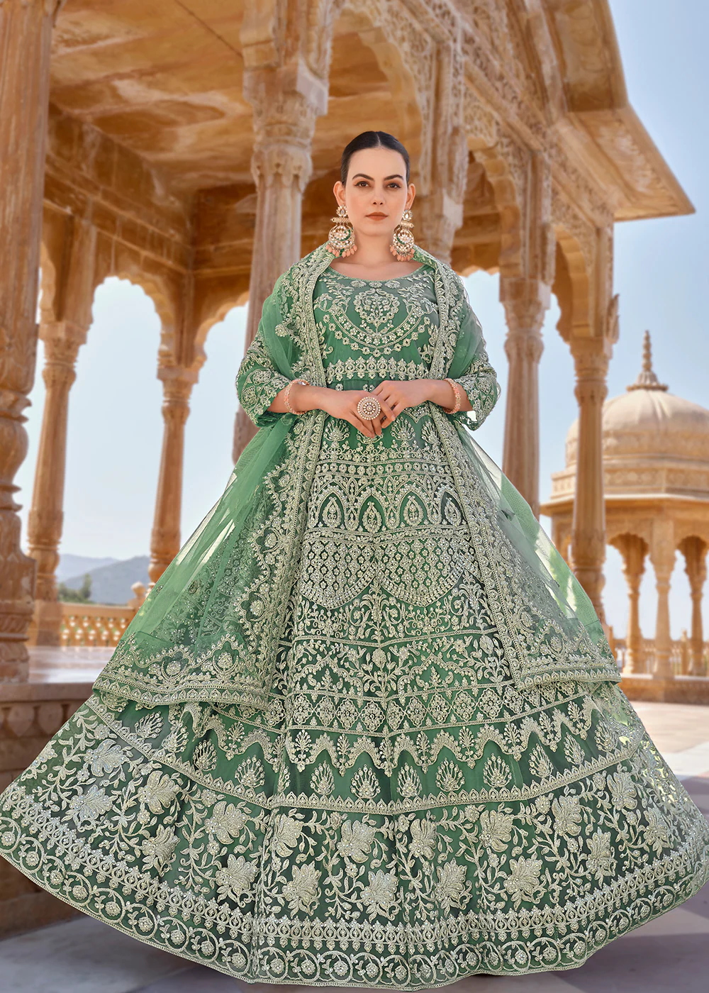 Mint Green Front & Back Stone Embroidered Wedding Anarkali Suit - Image 4