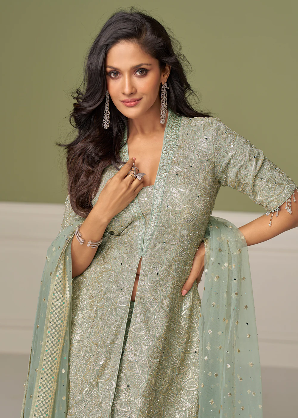 Mint Green Georgette Hand Embroidered Palazzo Style Suit - Image 2