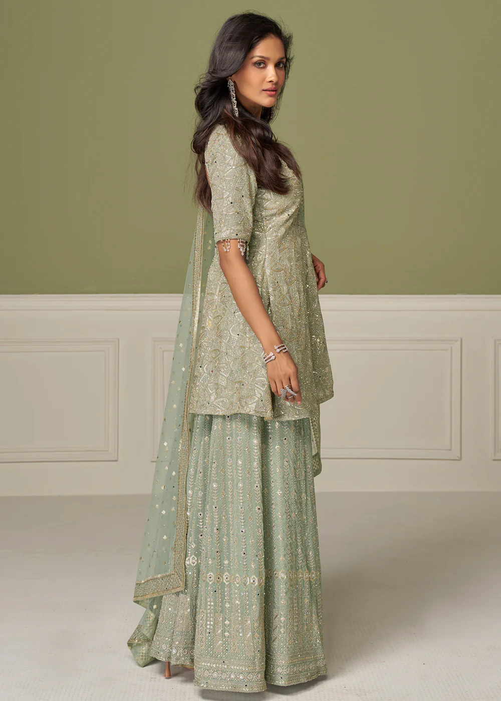 Mint Green Georgette Hand Embroidered Palazzo Style Suit - Image 3