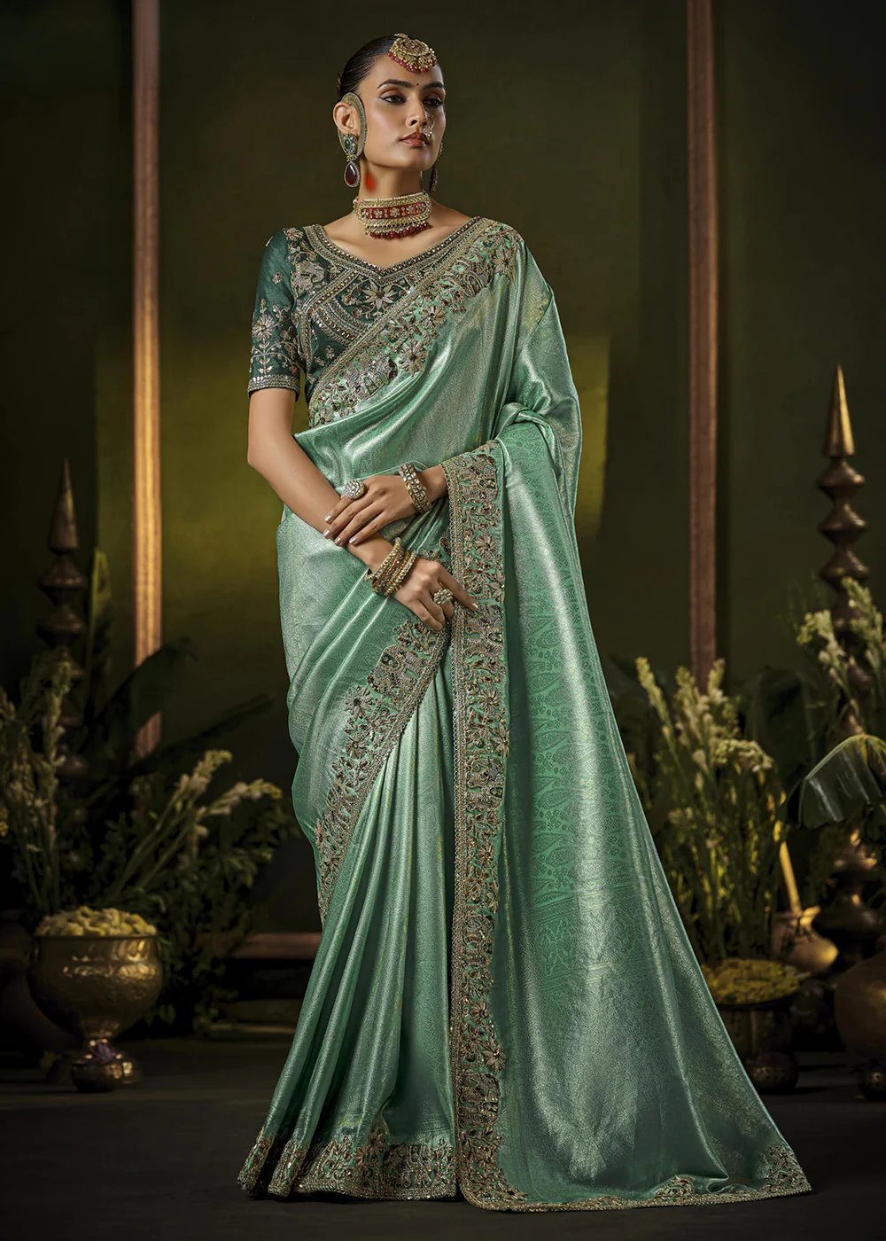 Mint & Green Heavy Silk Embroidered Bridal Wear Saree