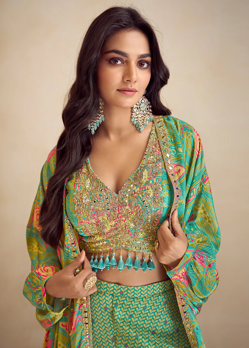 Mint Green Indo Western Printed Jacket Style Suit - Image 2