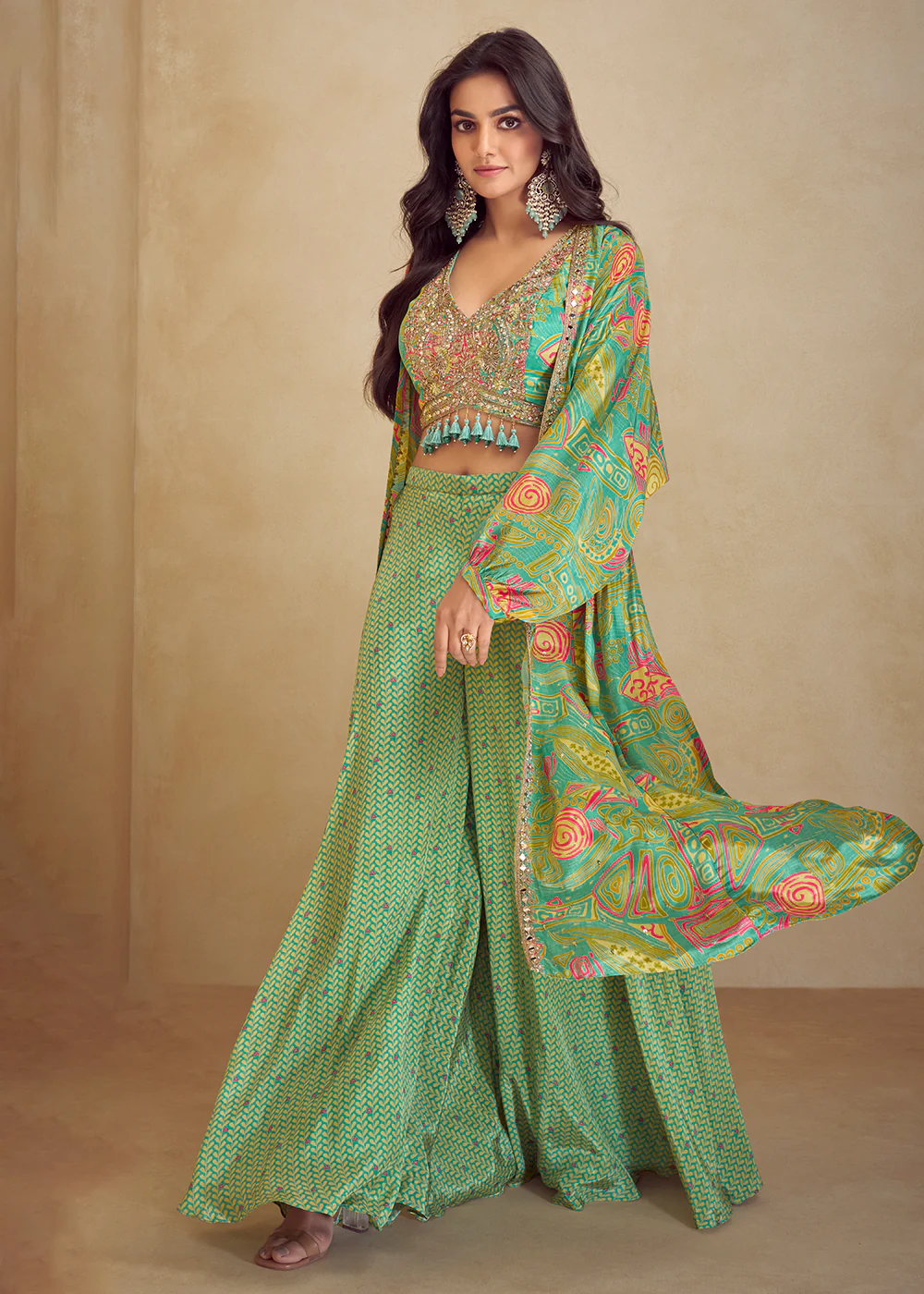 Mint Green Indo Western Printed Jacket Style Suit - Image 3