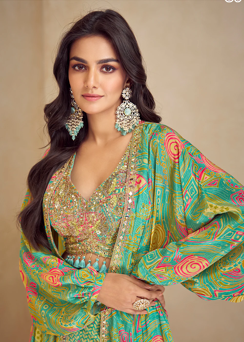 Mint Green Indo Western Printed Jacket Style Suit - Image 4