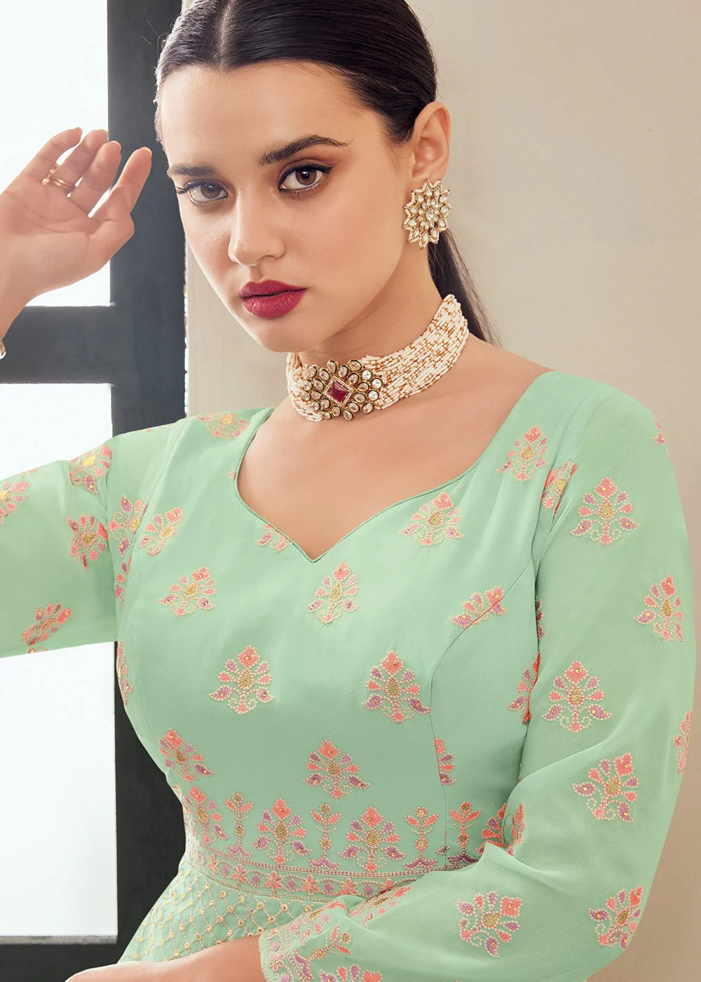 Mint Green Multi Thread Embroidered Anarkali Suit - Image 2