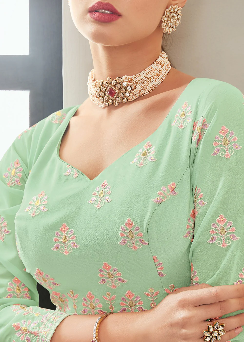 Mint Green Multi Thread Embroidered Anarkali Suit - Image 3
